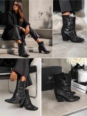 Giuseppe Zanotti Black Leather Buckle Mid-Calf Boots
